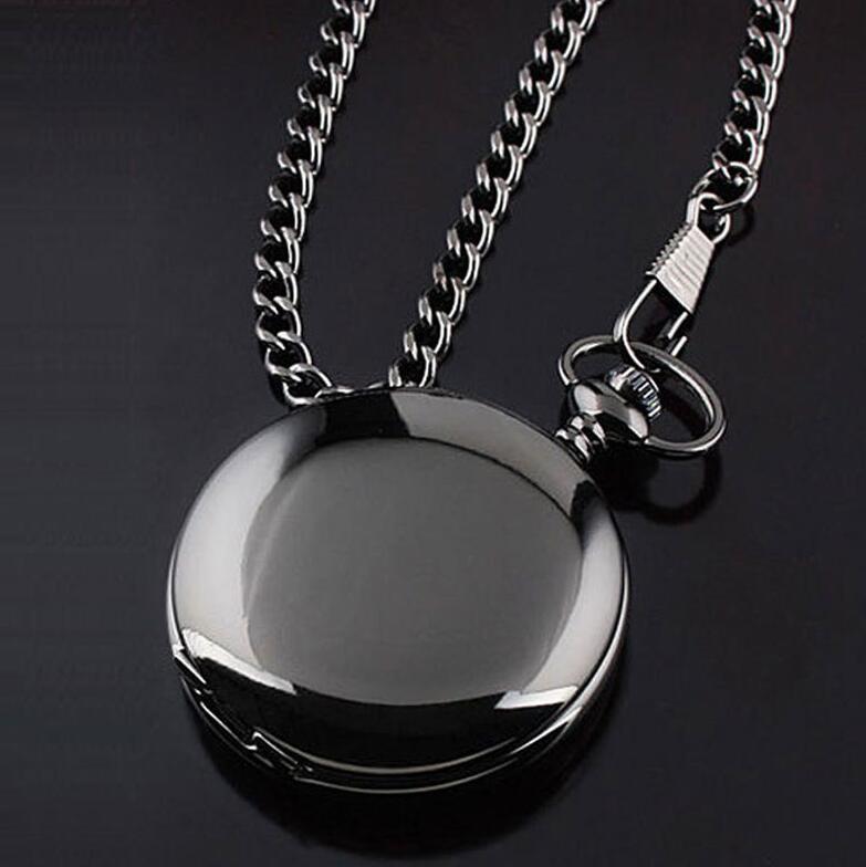 retro black fashion silver smooth steampunk quartz pocket watch stainless steel chain necklace 30 cm for men for women with gift box