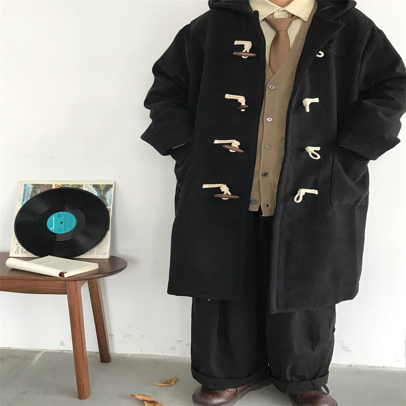 Japanese-style Retro Horn Single-breasted Trench Coat Black Loose Hooded Coat