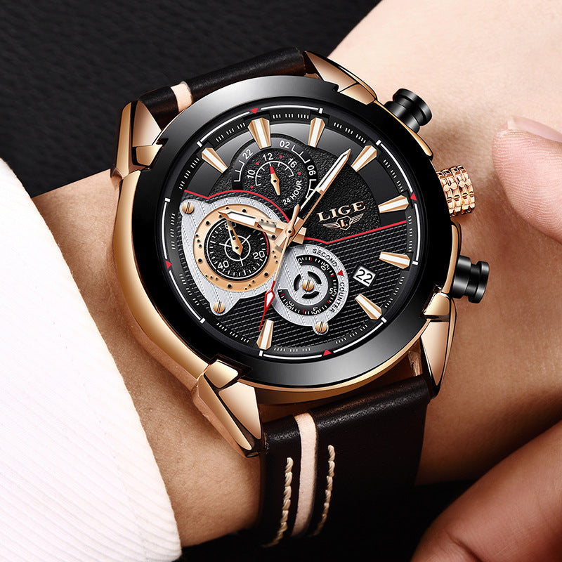 casual fashion trend business waterproof belt watch men's multi-function luminous watch