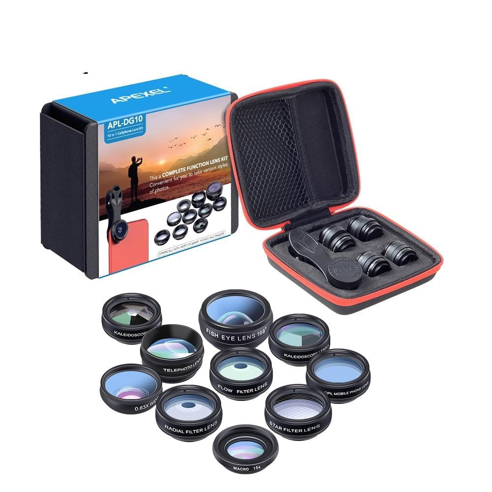 APEXEL Phone lens kit universal 10 in 1 Fisheye Wide Angle macro Lens CPL Filter Kaleidoscope+2X telescope Lens for smartphone