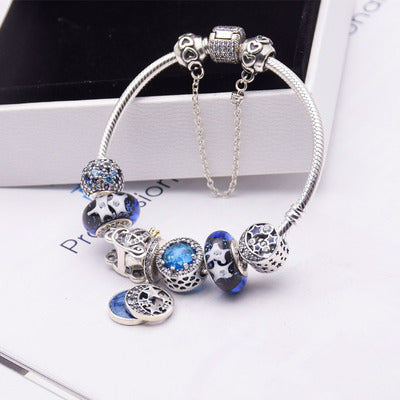 Fashion Blue Glass Bead Crystal Bracelet Silver