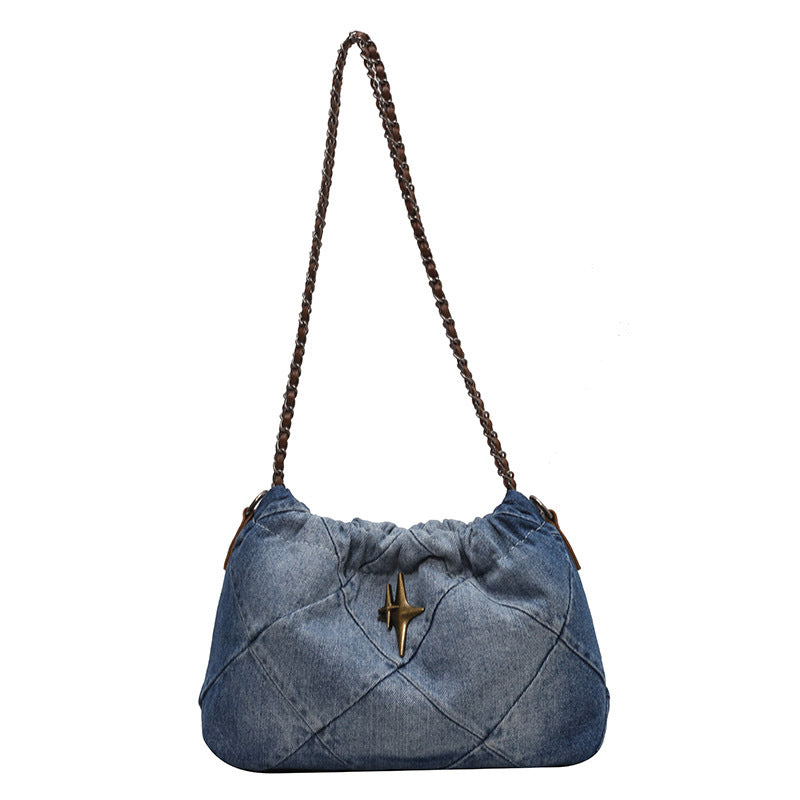 Denim Women's Bag Denim Blue Woven Chain Messenger Bag Rhombic Embroidery Thread