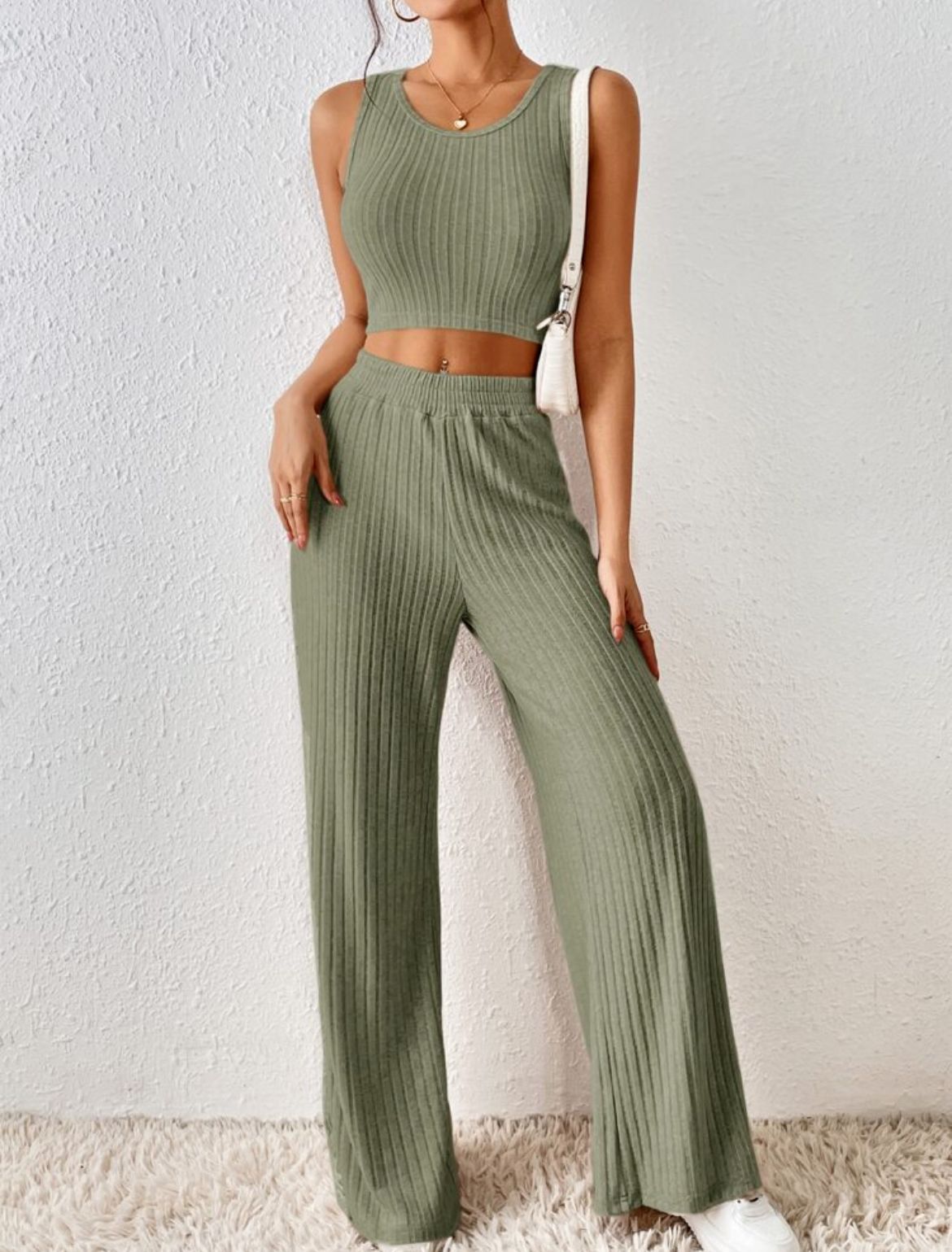 Fashionable Knitted Vest High Waist Trousers Suit