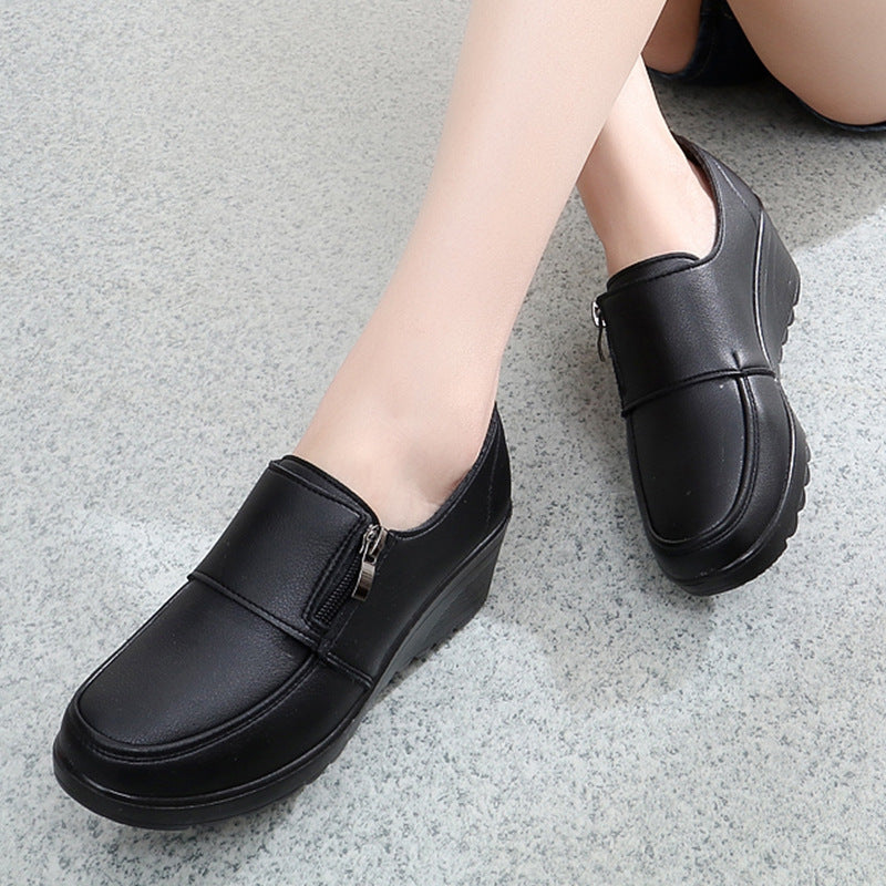 Spring And Autumn Mid Heel Soft Bottom Wedge Black Work Shoes