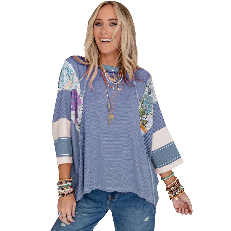 Thin Striped Color Matching Long Sleeve Casual Loose Pullover