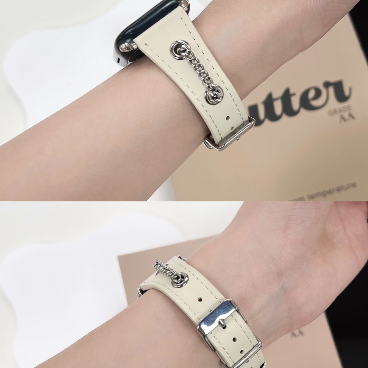 American Retro Design Clinch Metal Chain Cow Leather Watch Strap